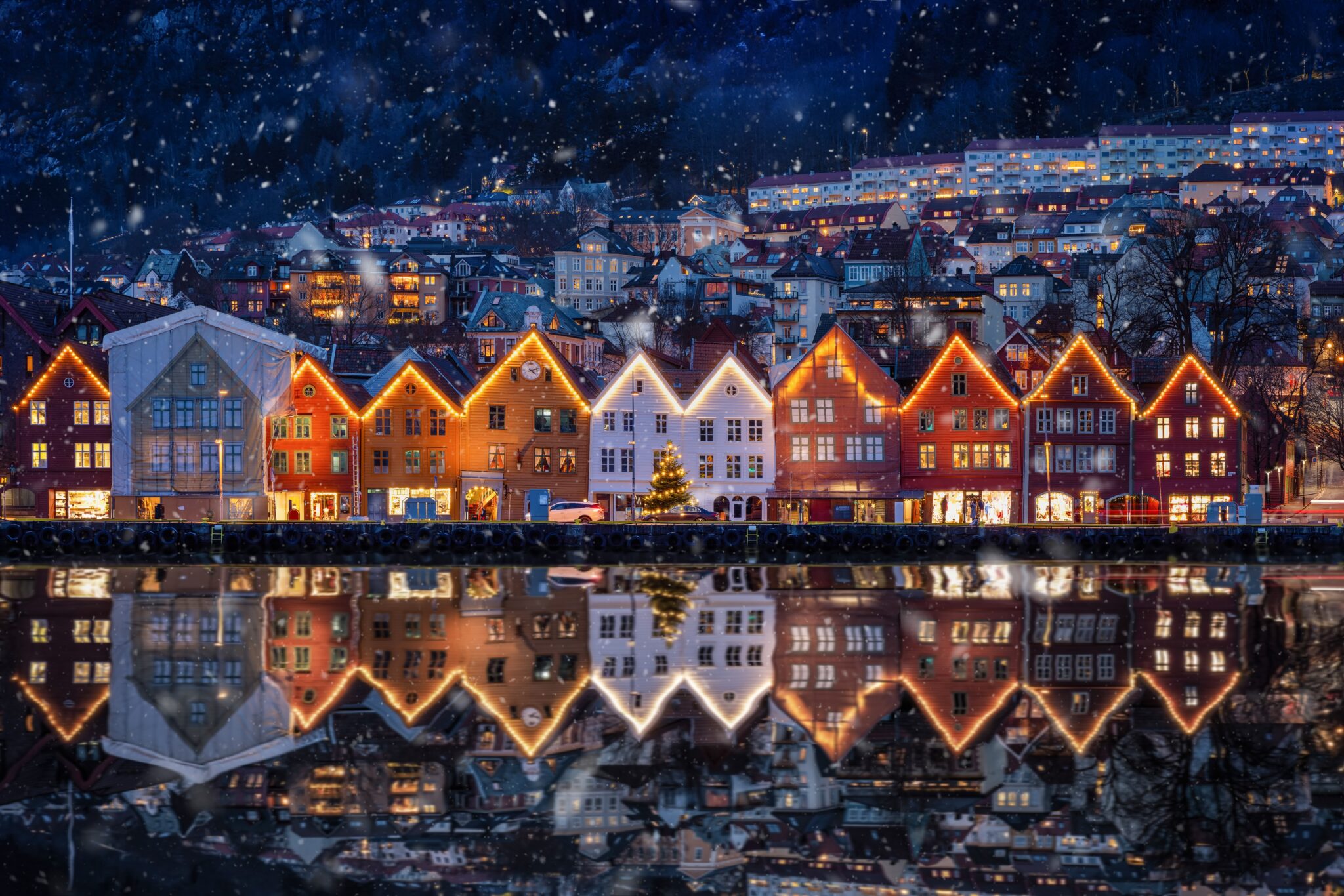 Winter,Dusk,View,Of,The,Famous,Bryggen,District,At,Bergen,