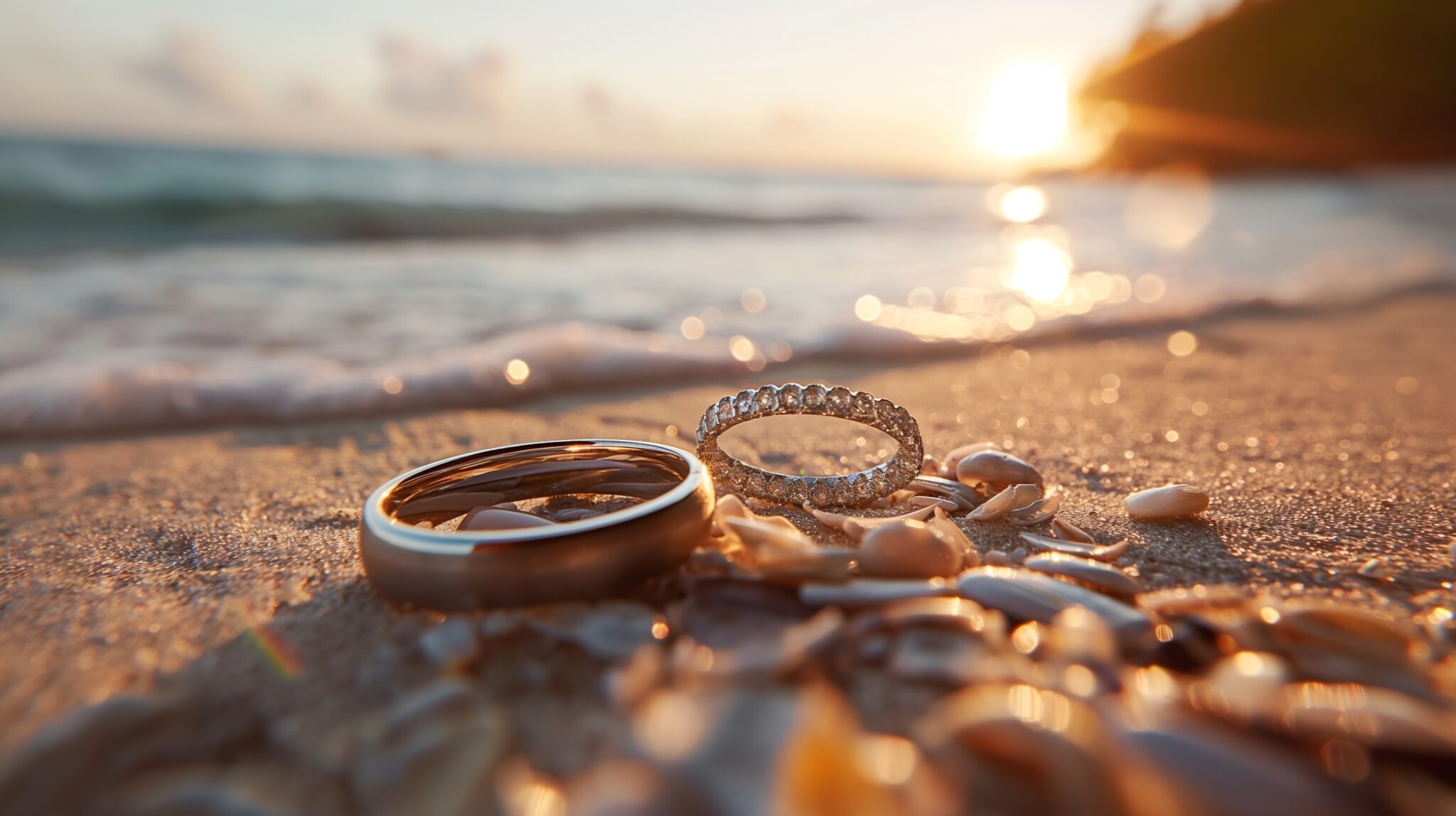 Gold,Wedding,Rings,On,The,Beach,At,Sunset