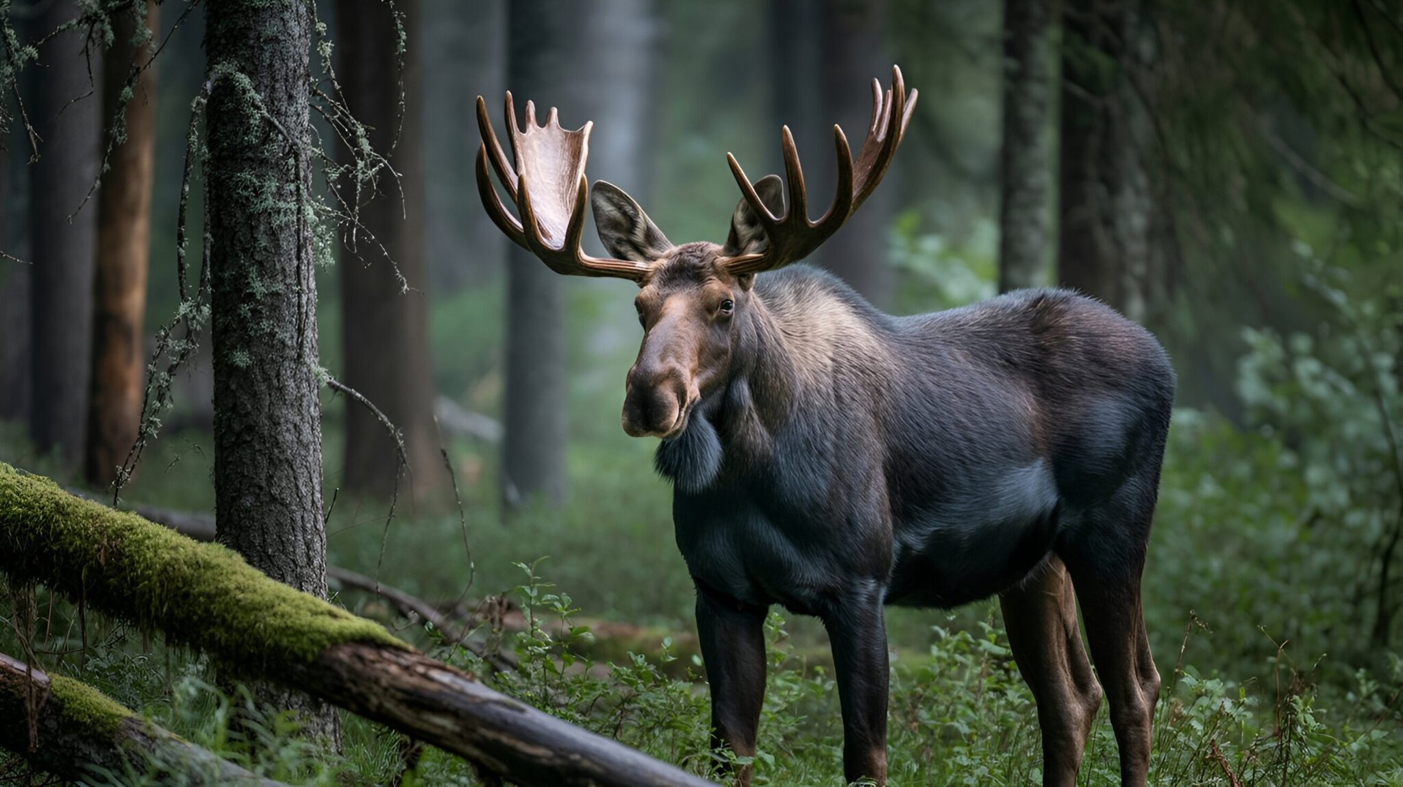 Elk or Moose, Alces alces in the dark forest during rainy day.